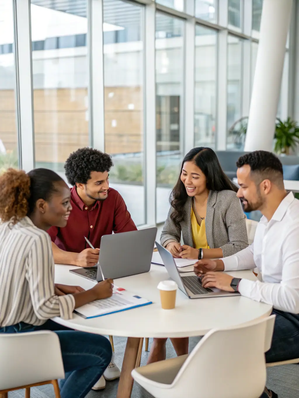 A diverse team brainstorming creative strategies around a table filled with mood boards and digital devices, reflecting Vixo Creators' collaborative approach to creative strategy development.
