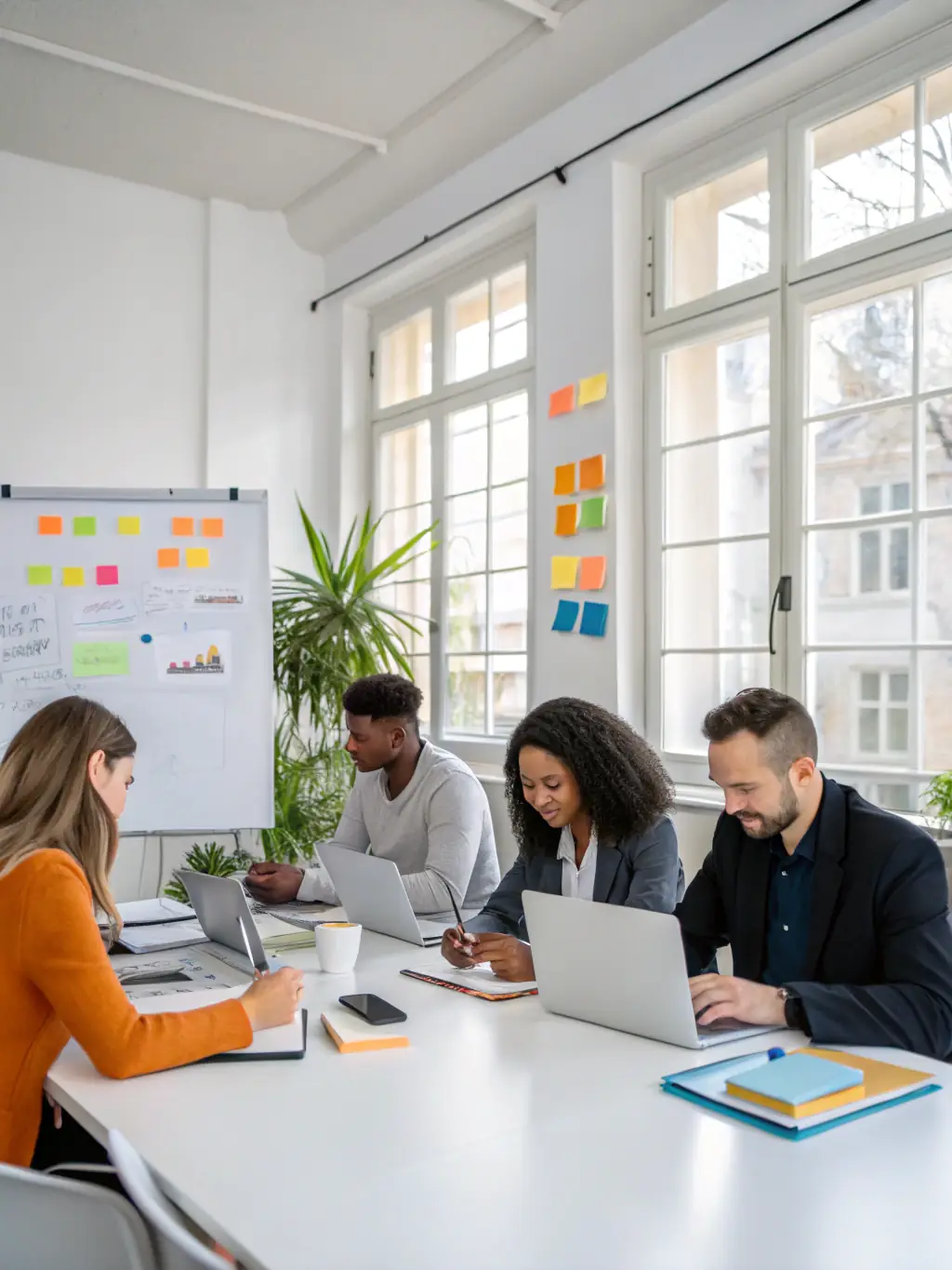 A professional photograph of a team brainstorming in a modern office, representing creative strategy development at Vixo Creators.