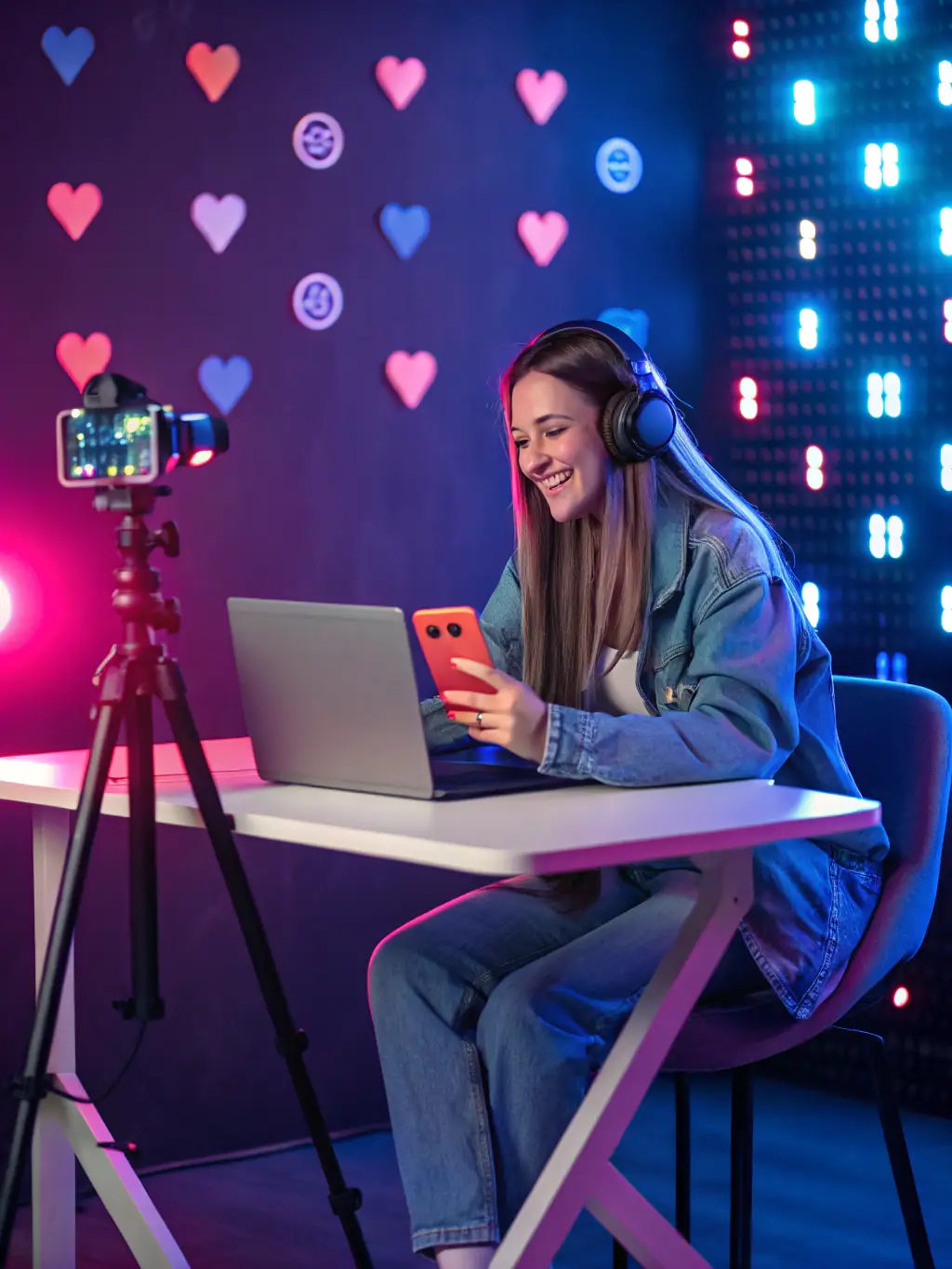 A social media influencer creating content in a vibrant studio, showcasing Vixo Creators' expertise in managing impactful influencer and artist campaigns.
